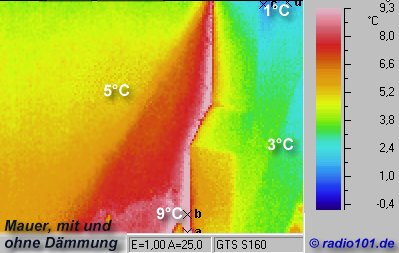 W�rmebild: Mauer mit und ohne W�rmed�mmung - Infrarotaufnahme / W�rmebild / Thermografische Aufnahme