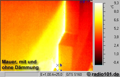 W�rmebilder: Mauer mit und ohne W�rmed�mmung - Infrarotaufnahme / W�rmebild / Thermografische Aufnahme